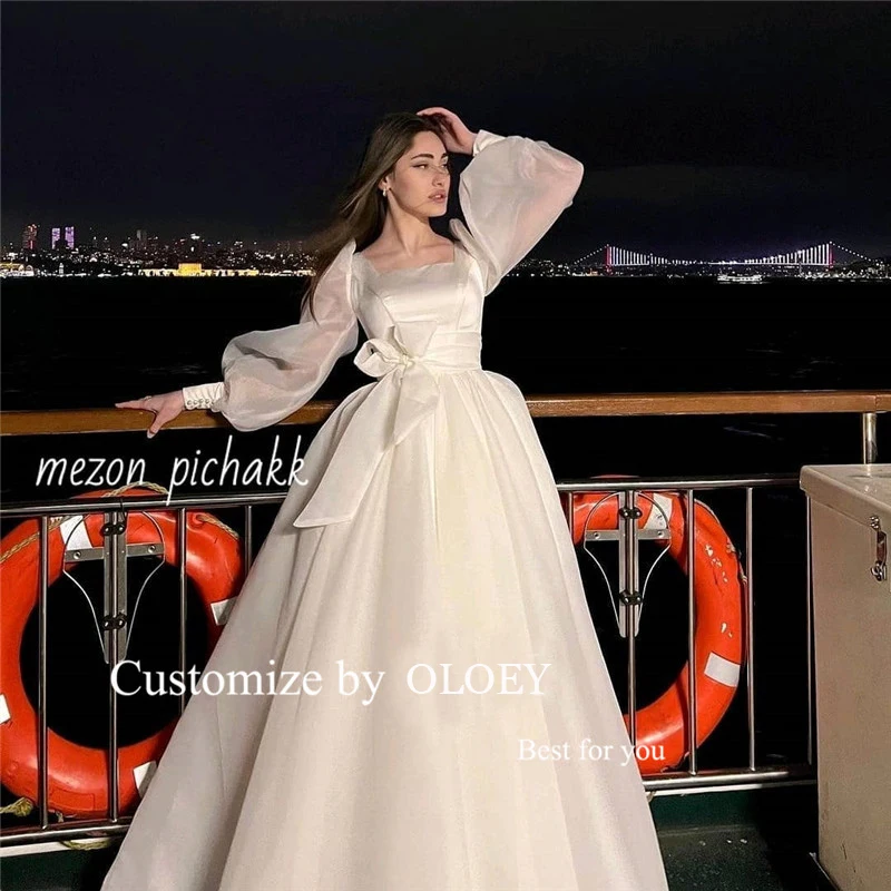 OLOEY Modest A Line Silk Organza Wedding Dresses Puff Long Sleeves Square Neck Bow Belt Korea Simple Bridal Gowns Corset Back