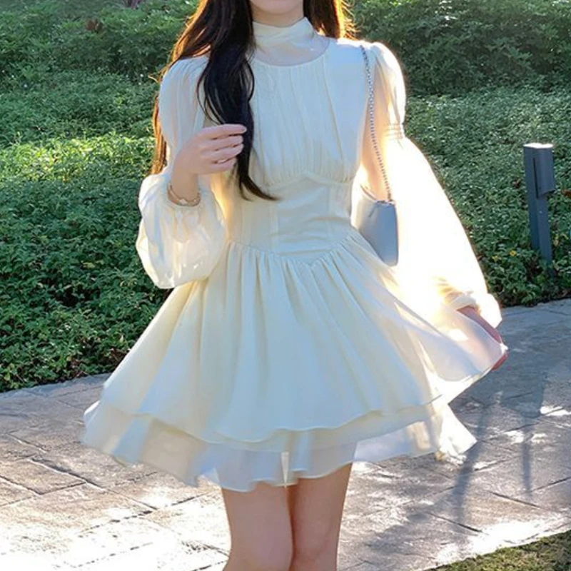 

Apricot Chiffon A-line Dress High Waist Fairy Dress Spring Summer Fashion Dress 2023 Female Korean Bow Tie Collar Elegant Dress