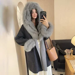 Women Winter Loose Hooded Wool Coat With Real Fur Fashion Plus Size Woollen Jacket Outwear Female Long Sleeve Coats With Belt