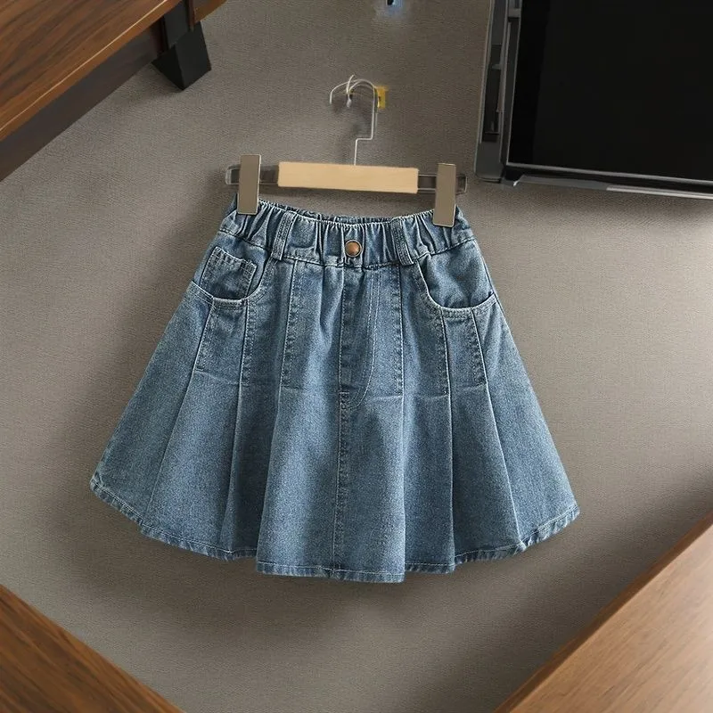 Girls' high-waisted denim skirt for summer Fashionable pleated short skirt for children