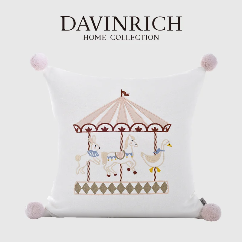 

DAVINRICH Embroidered Carousel Horse Lovely Pillow Case Circus Nursery Cushion Cover Pink Baby Room Decor Little Girl Bedroom