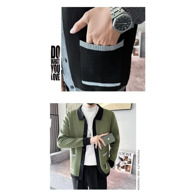 محبوك سترة الرجال سترة سترة الكورية نمط عارضة الخريف والشتاء التلبيب التباين بأكمام طويلة #4