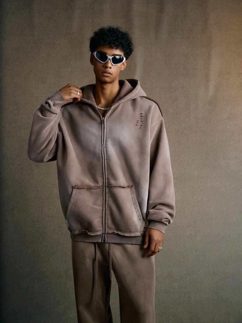 Men's Zip Up Hoodies Y2k Distressed Washed Oversize Cardigan Hoodie Plus Plush Tie-dye Fraying Hooded Sweatshirt Autumn Winter