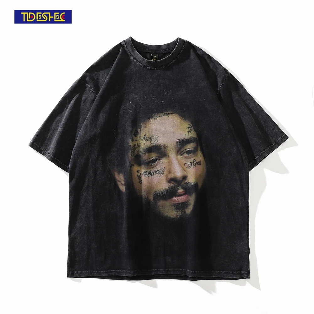 

Hip Hop Tshirt Streetwear Men Portrait Graphic Printed Distressed T Shirt 2022 Summer Harajuku Oversize Washed T-Shirt Top Tee