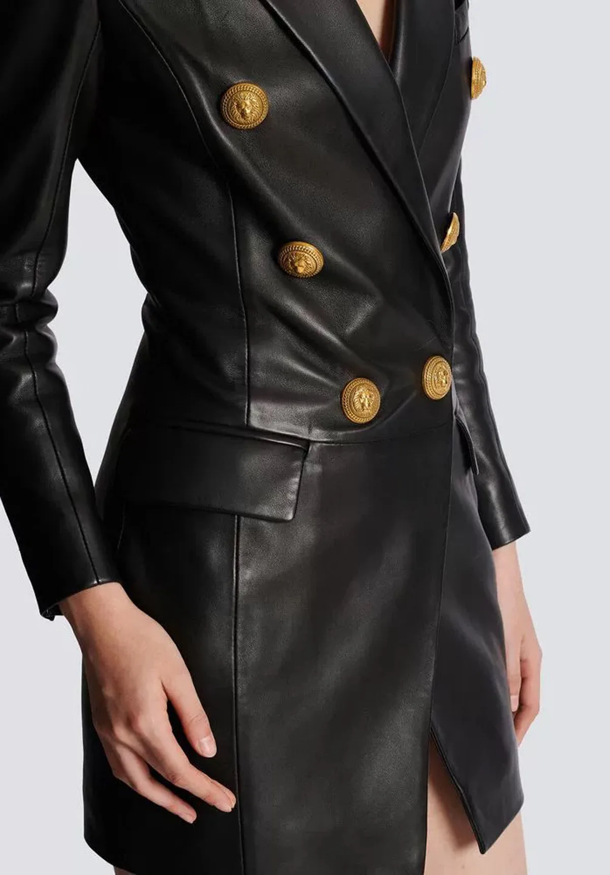 Vestido blazer feminino de couro PU 2025 – terno de escritório slim fit, traje de trabalho chique minimalista