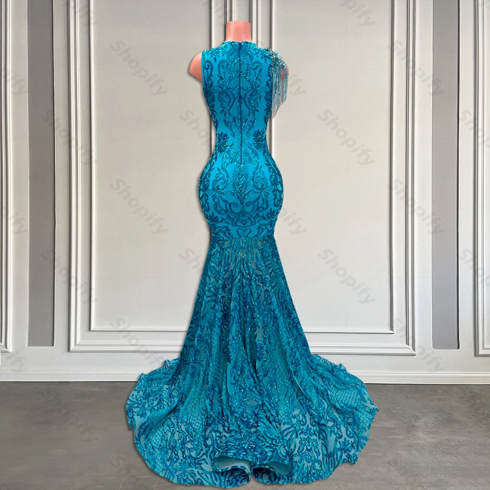 Vestido de fiesta azul pavo real de encaje brillante largo 2025 vestidos de fiesta ajustados de sirena negros con cuentas de lujo para niñas con borla personalizada