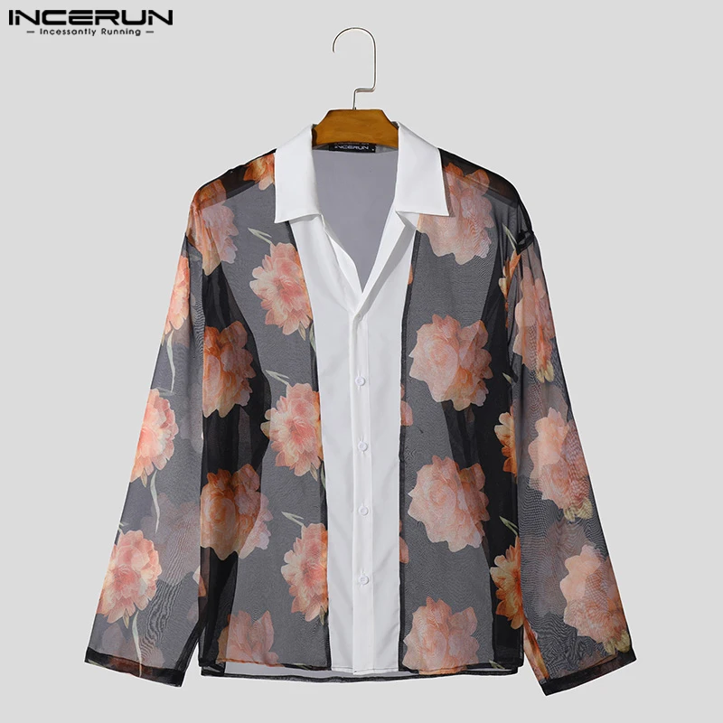 2024 Men Shirt Printing Patchwork Lapel Long Sleeve Streetwear Men Clothing Transparent Loose Fashion Male Shirts S-5XL INCERUN