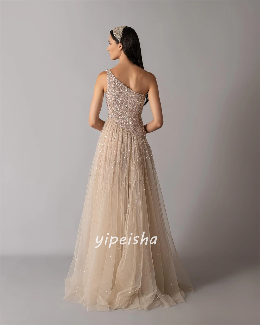 Customized High Quality Classic Tulle Sequined Beading A-line One-shoulder Long Dresses Bespoke Occasion Dresses Modern Style