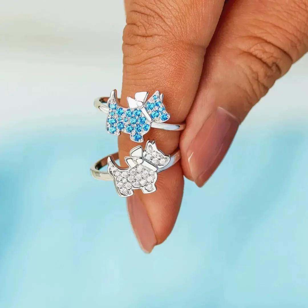 

Withered S925 Sterling Silver Sparkling Diamond Studded Little Dog Ring Food Ring