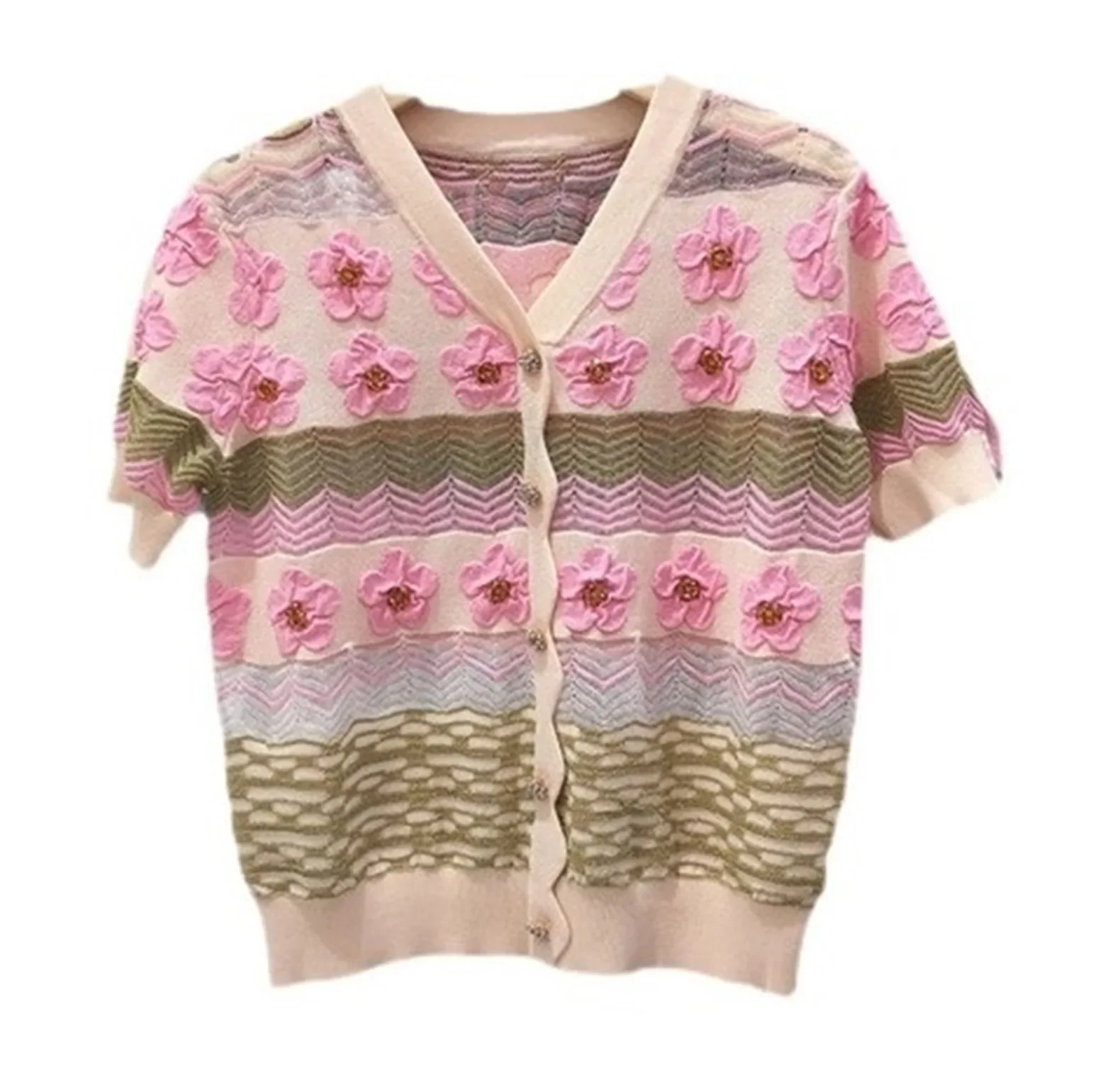 Summer Cute Women Cardigan V-Neck Short Sleeve Flower Beaded Hollow Out Knitted Sweater New Fashion Loose Temperament Sweater