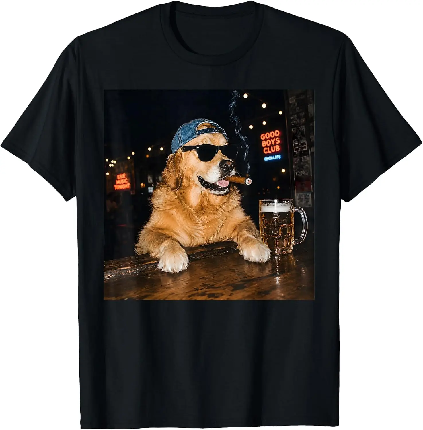 Golden Retriever Drinking Beer Meme Funny Dog Smoking Cigar T-Shirt Versatile, heavyweight pure cotton short-sleeve tee—trendy, thick fabric; a great gift for Christmas or Halloween.