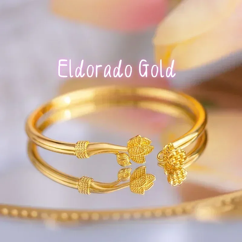 Eldorado Gold  9999 Real Gold 24K Lotus Lotus Pendant Bracelet Glossy Two Worlds Gold Women's Bracelet