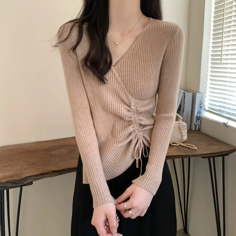 الخريف الشتاء الخامس الرقبة المرأة محبوك قاعدة قميص طويل الأكمام غير النظامية الفرنسية الخصر تصميم بلون ضئيلة المرأة الأعلى