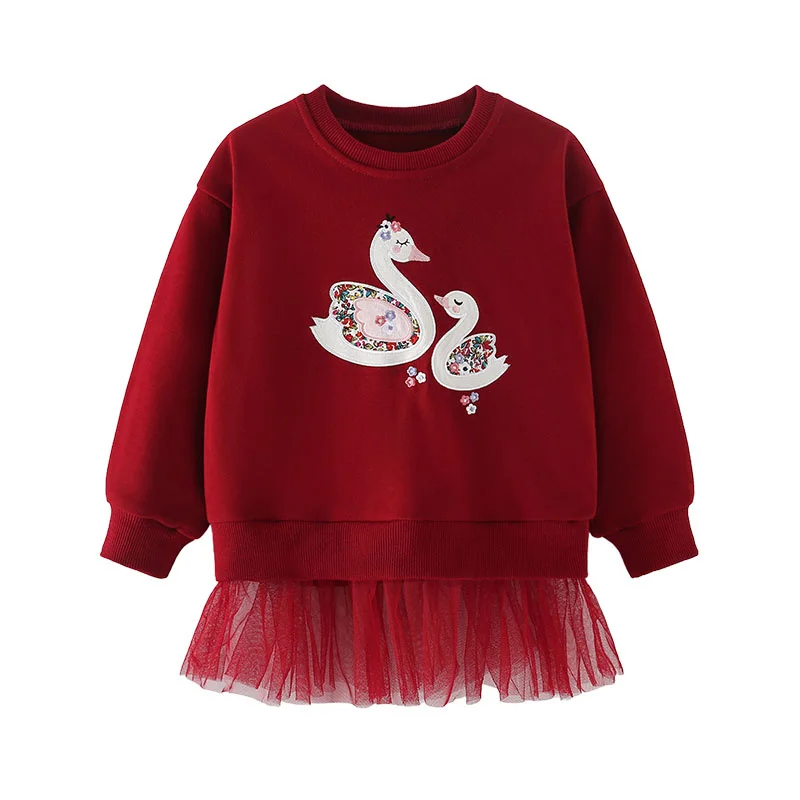 3-8T Animals Embroidery Applique Girls Toddler Costume Long Sleeve Sweatshirt Mesh Hooded Shirt for Autumn Spring Baby Clothes