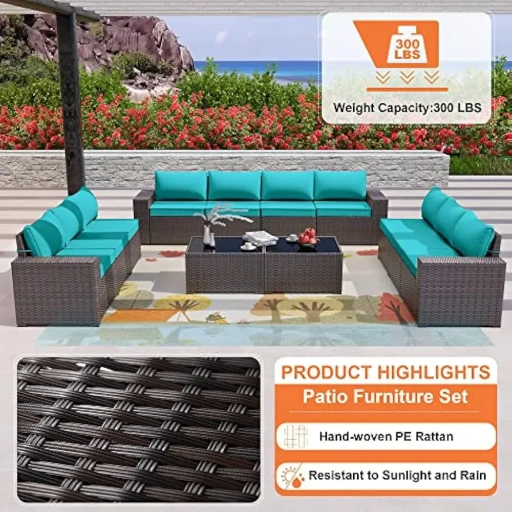 12 Pieces Outdoor Patio Furniture Set, PE Rattan Patio Conversation Set w/10 Turquoise Blue Seat Cushions and 2 Coffee Tables