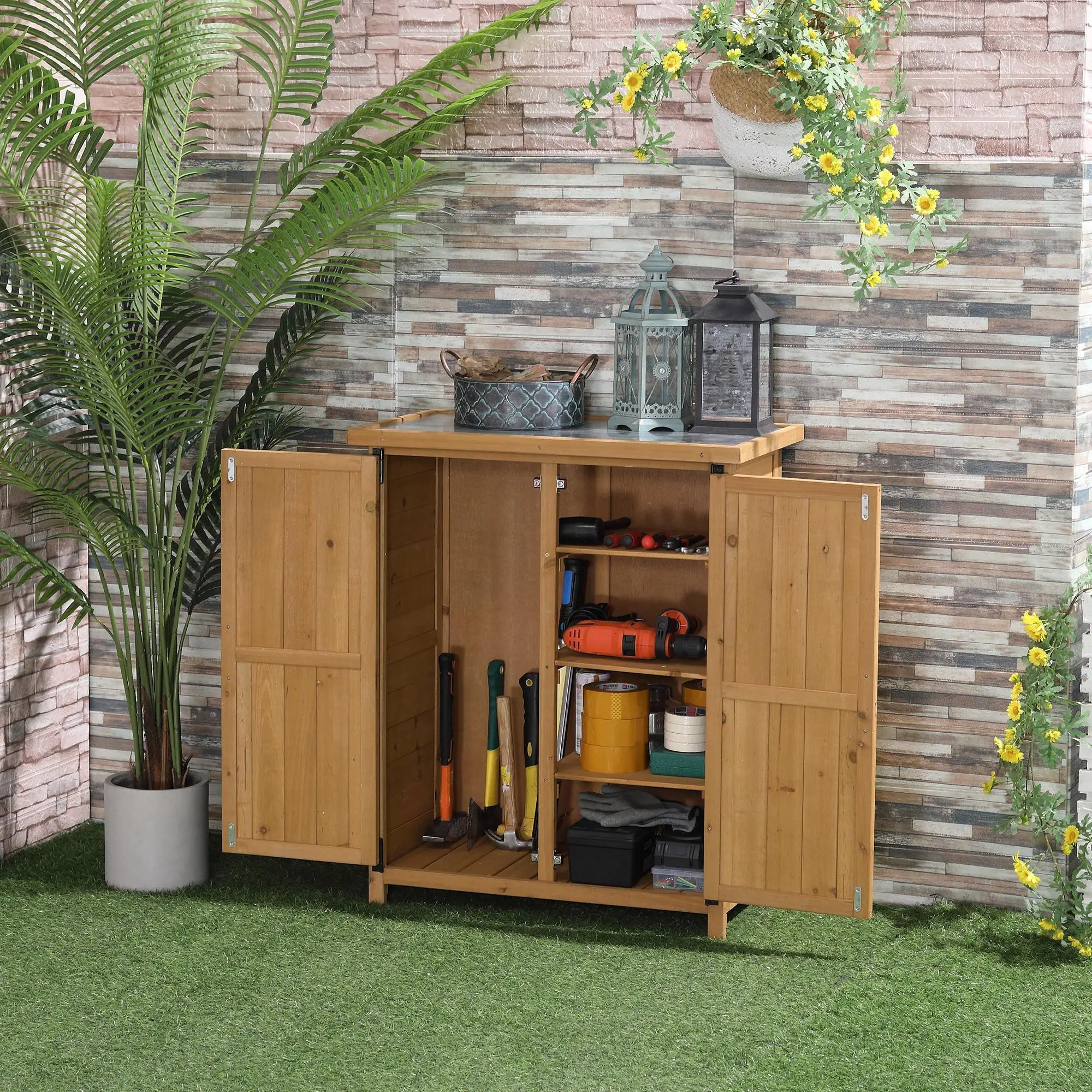 Caja de Almacenamiento para Jardín de Madera 75X40X90Cm, 4 Estantes, Cierre Magnético Galvanizado, para Herramientas de Exterior
