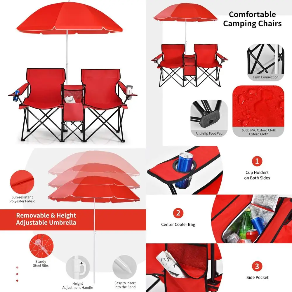 

Portable Folding Loveseat Chairs with Umbrella and Canopy Shade, Outdoor Folding Chairs with Table and Cup Holders, Ideal for Ca