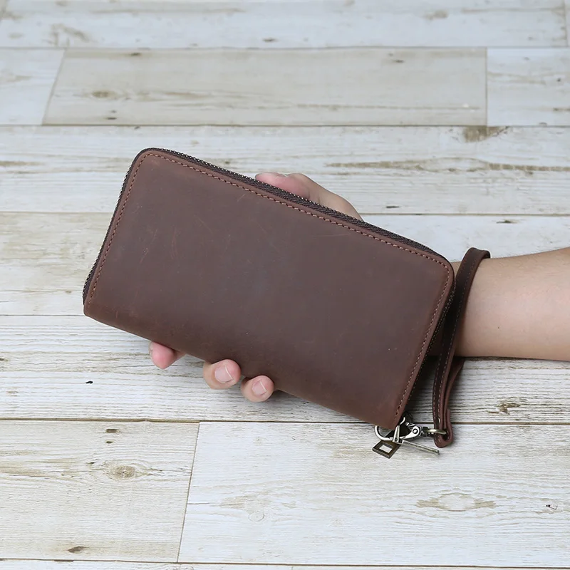 Handmade Retro Long Leather Zipper Wallet Men's Cowhide Clutch Bag Multifunctional Crazy Horse Leather Clutch Bag