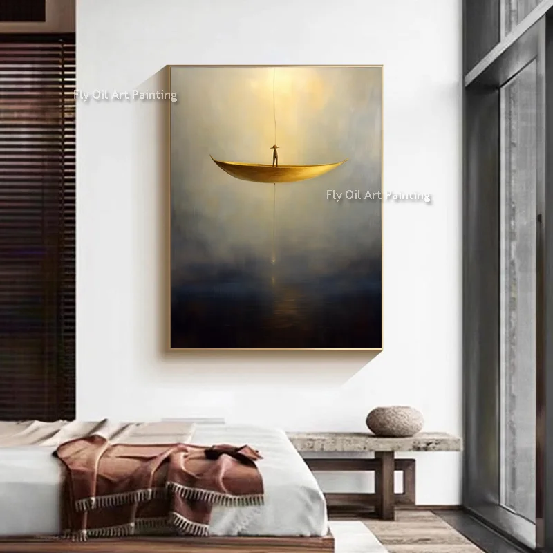 Black And Yellow Artwork Hand Painted People Rowing A Boat Simple Oil Painting New Abstract Grey Beige Home Wall Decor Items