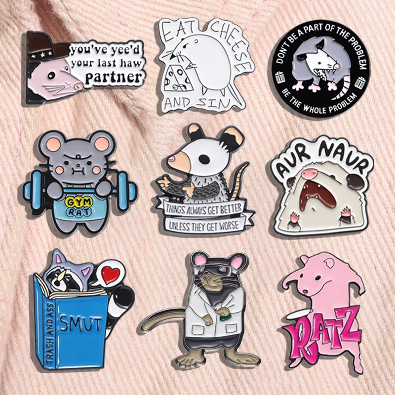 Cute Rat Series Enamel Pins Cartoon Pink Mouse Opossum Kawaii Raccoon Animal Brooches Lapel Badge Jewelry Gifts For Kids Friends