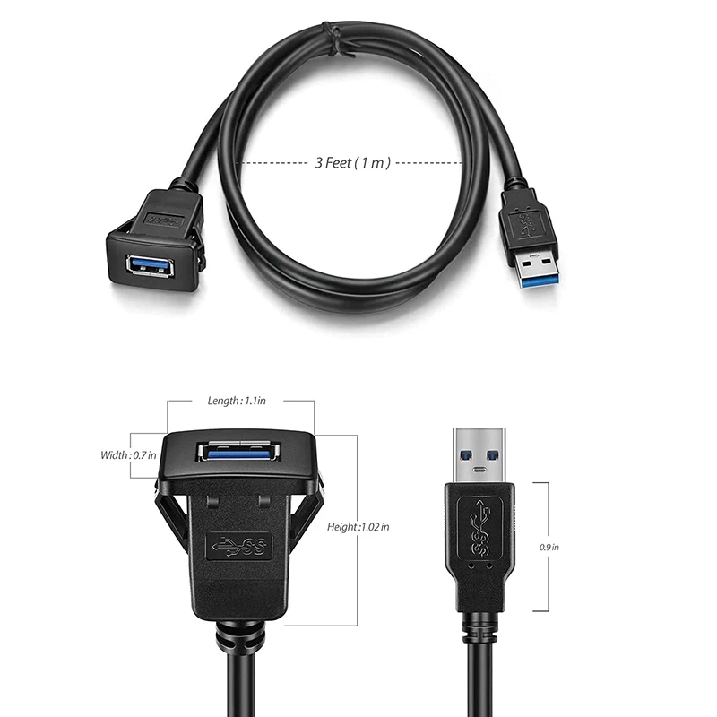 Nku Square Single Port USB 3.0/2.0 Panel Flush Mount Extension Cable with Buckle for Car Truck Boat Motorcycle Dashboard 1m 3ft