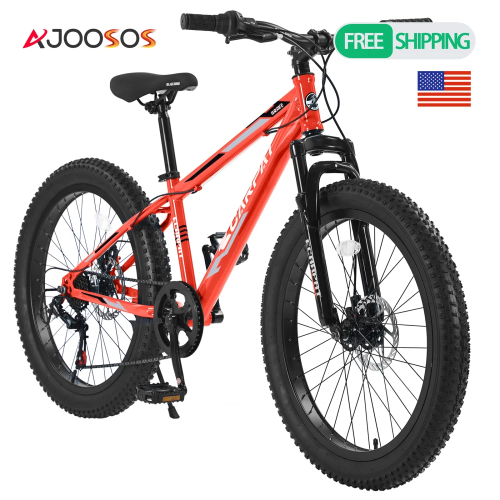 24 Inch Fat Tire Bike Adult High Carbon Steel Frame Full Shimano 7 Speed Dual Disc Brakes Front Suspension Mountain Bicycle