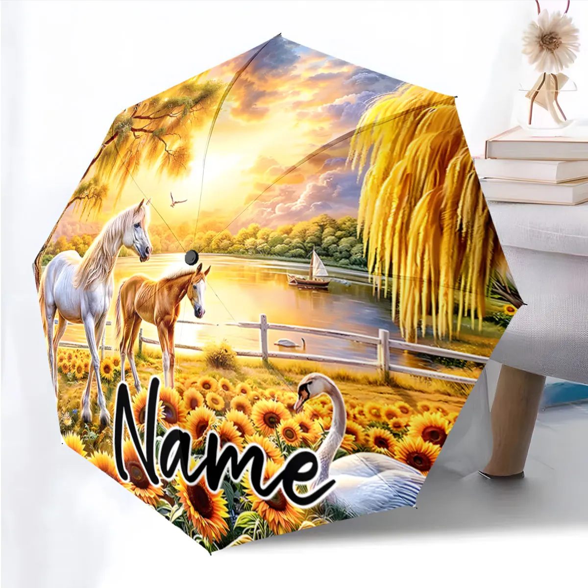 Custom Name Umbrella Horses in a Sunflower Field Print 8 Iron Ribs Folding Umbrella Auto-Open Fashion Sunshade