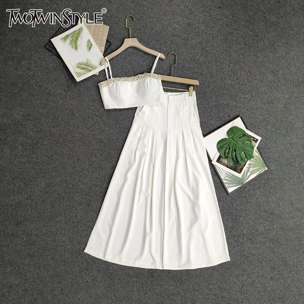 

TWOTWINSTYLE Elegant Luxury Two Piece Sets For Women Square Collar Sleeveless Top High Waist Pants Chic Set Female New KSE502931