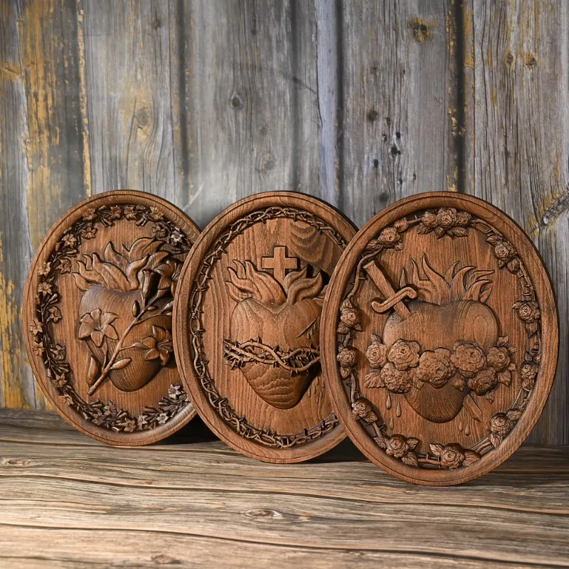 Holy Family Three Hearts Wall Decoration, Wood Carving, Sacred Heart of Jesus, Sacred Heart of Mary, Heart of Joseph Home Decor