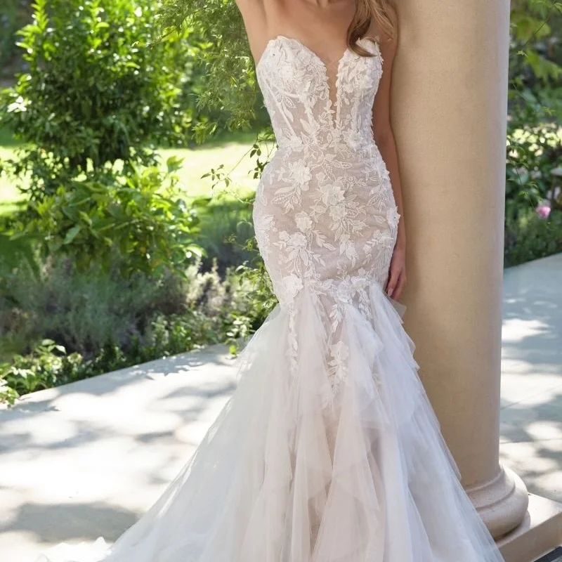 

Свадебные платья цвета слоновой кости с аппликацией, 3D цветочная наклейка, блестящая юбка-русалка, кружевные многослойные платья, свадебное платье