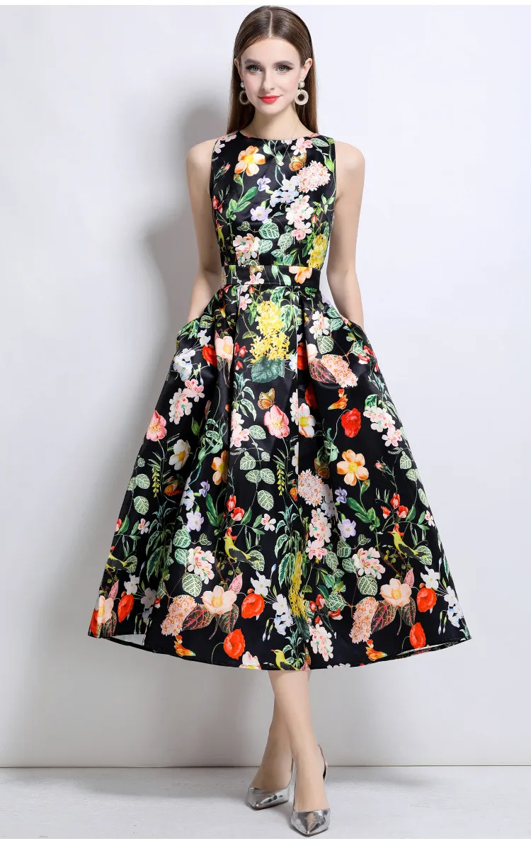 loral stampato senza maniche abiti a vita alta donna ritaglio stereoscopico a vita abito longuette a trapezio estate nuova moda