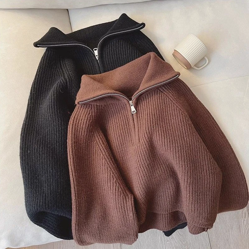 Cropped Sweater Women Fashion Half Zipper Red Knitted Pullovers Korean Black Long Sleeve Knitwear Winter Casual Chic Jumpers New