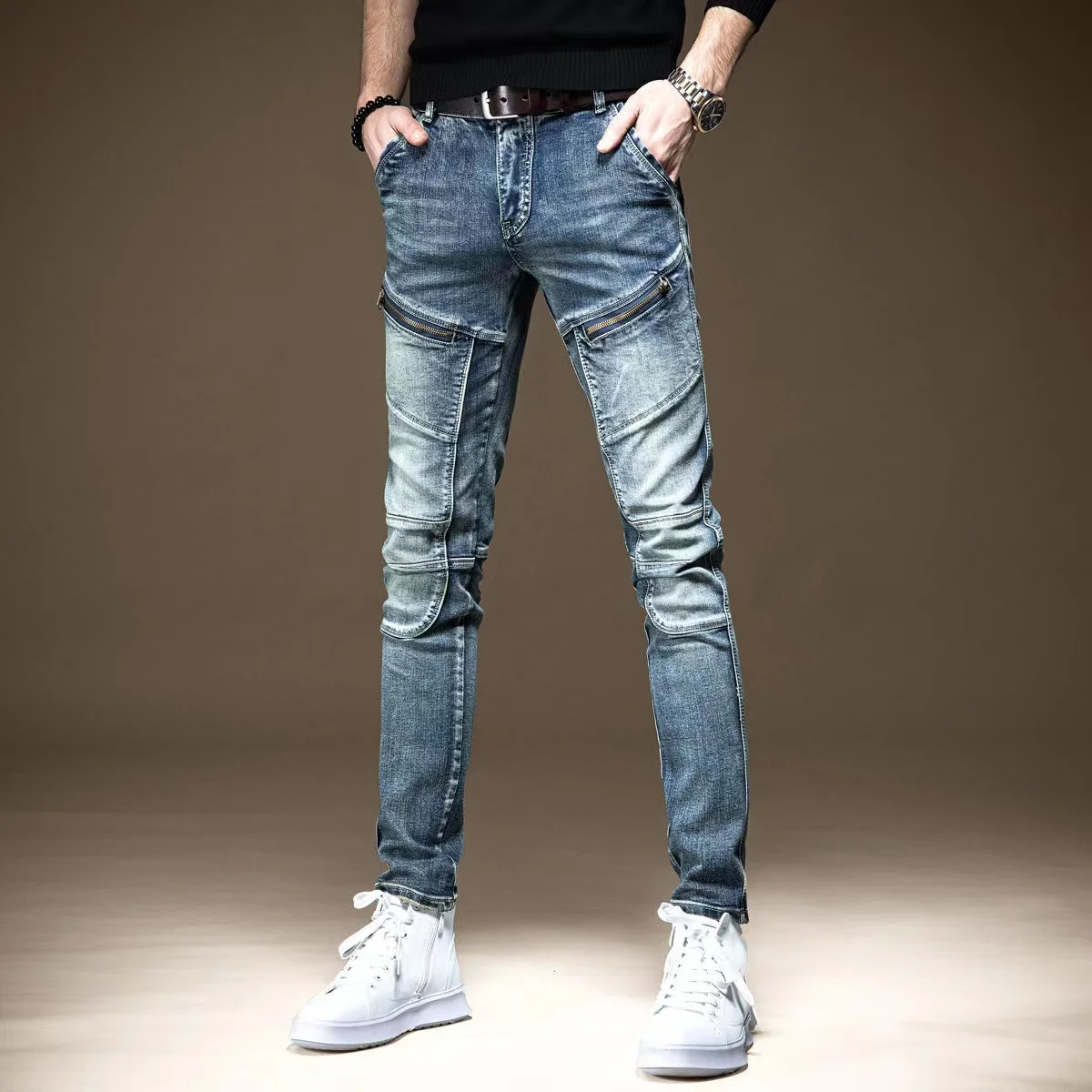 

Мужские джинсы на молнии, приталенные, эластичные, повседневные, длинные брюки, модные корейские рабочие брюки для весны и осени