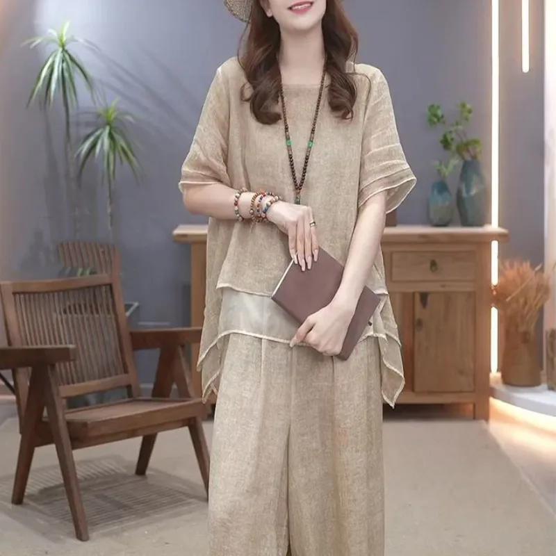 

Весенне-летняя новая модная элегантная одежда с круглым вырезом и короткими рукавами, повседневные свободные удобные женские комплекты брюк с принтом