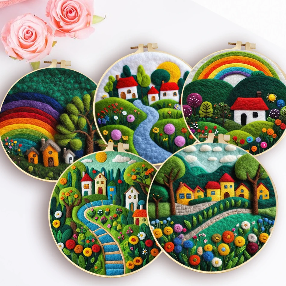 

Landscape Needle Felt Starter Set Felt Painting Kit For Beginners House Wool Needle Felt Set For Home Decoration Gift