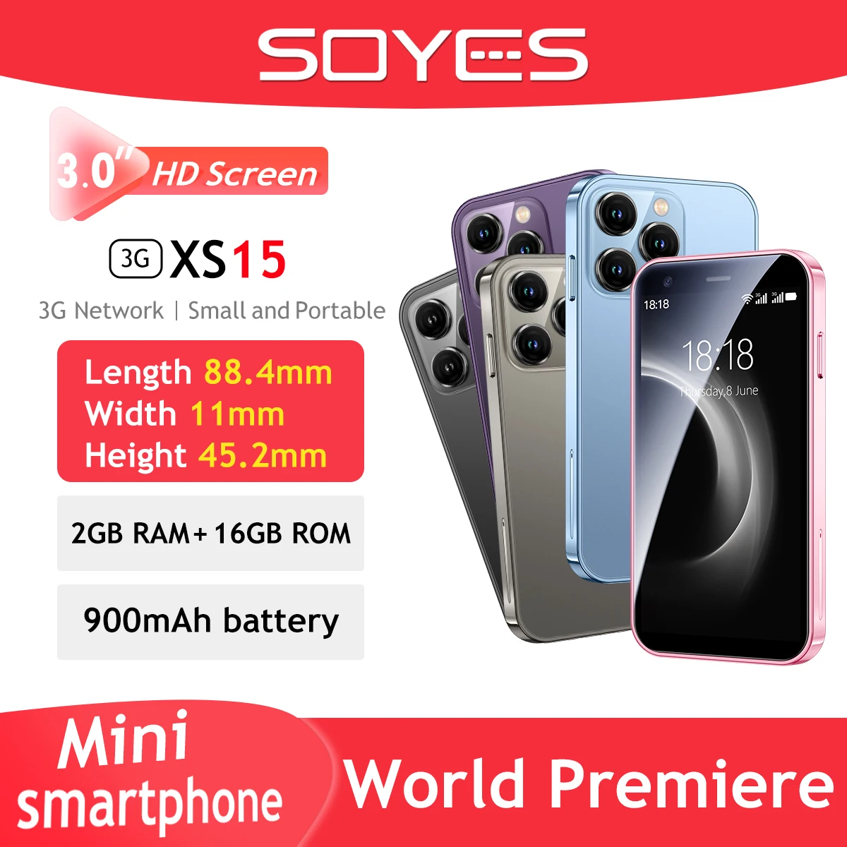 SOYES XS15 미니 스마트폰, 3.0 인치 디스플레이, 안드로이드 8.1, 2GB RAM, 16GB ROM, 듀얼 SIM 대기 플레이 스토어, 3G 폰 