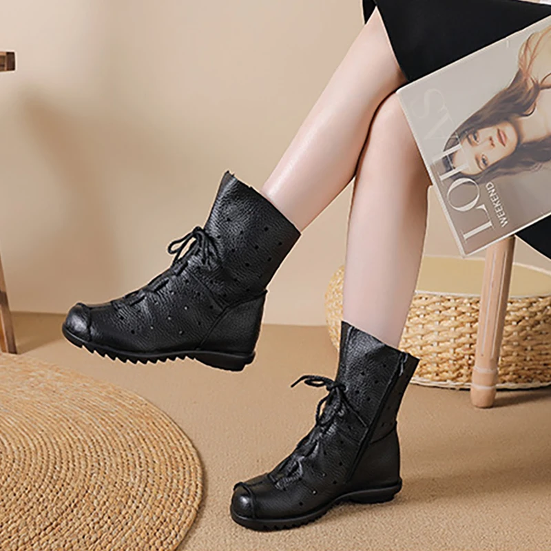 Weiße, halbhohe Damen-Lederstiefel mit Hohlmuster, dünn, atmungsaktiv, weiche Sohle, Obermaterial aus Rindsleder, runde Zehenpartie, seitlicher Reißverschluss – Detail 5