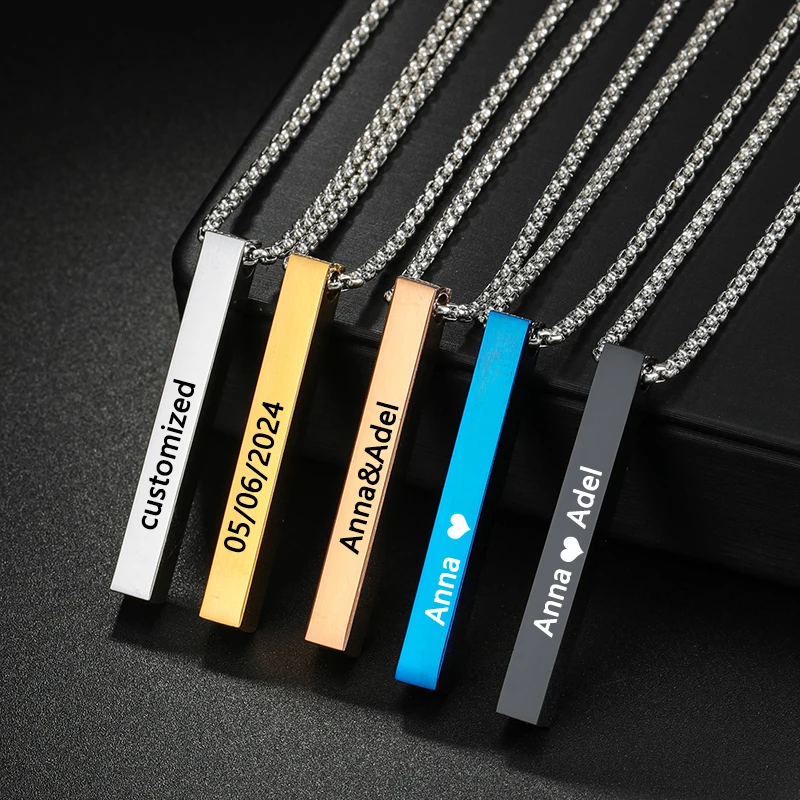 

Four Sides Engraving Personalized Square Bar Custom Name Necklace Stainless Steel Pendant Necklace Women/Men Gift