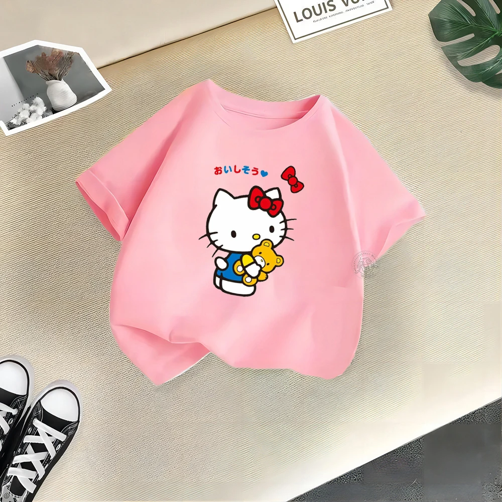 Kids Summer Comfort 100% Cotton Cute Boys Girls Cotton T-shirt Hello Kitty Creative Print Street Casual Y2K Cotton Boys GirlsToP