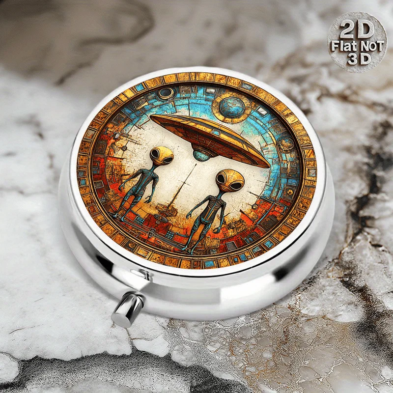 A flat, portable, round, three-compartment metal pill box, featuring an alien design paired with exquisite stained glass effect, is specifically designed for organizing medication. It is an ideal choice for carrying pills on the go, suitable for storing vitamins, and is multifunctional, with a flat design