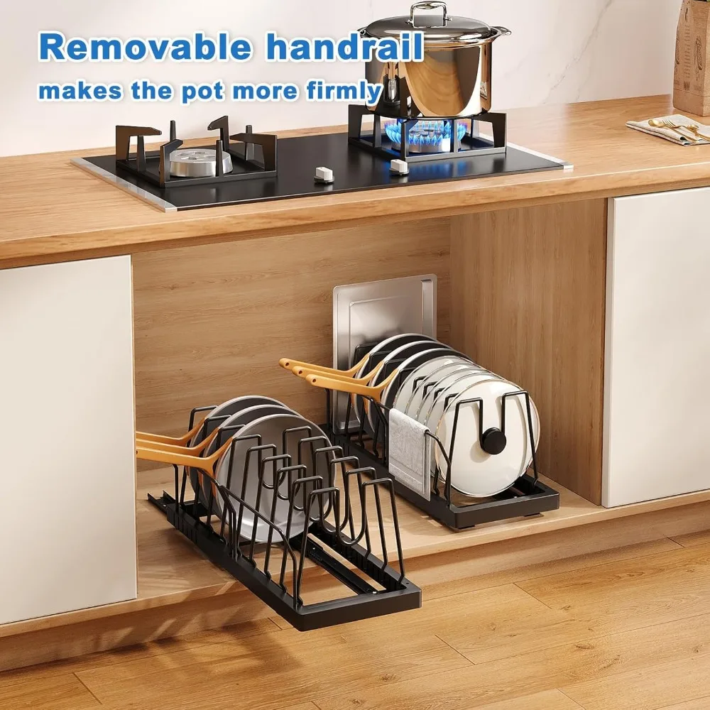 منظم الأواني والمقالي تحت الخزانة، حامل منظم لغطاء وعاء السحب العميق مقاس 21.6 بوصة مع وعاء لاصق للدرابزين وحامل مقلاة r