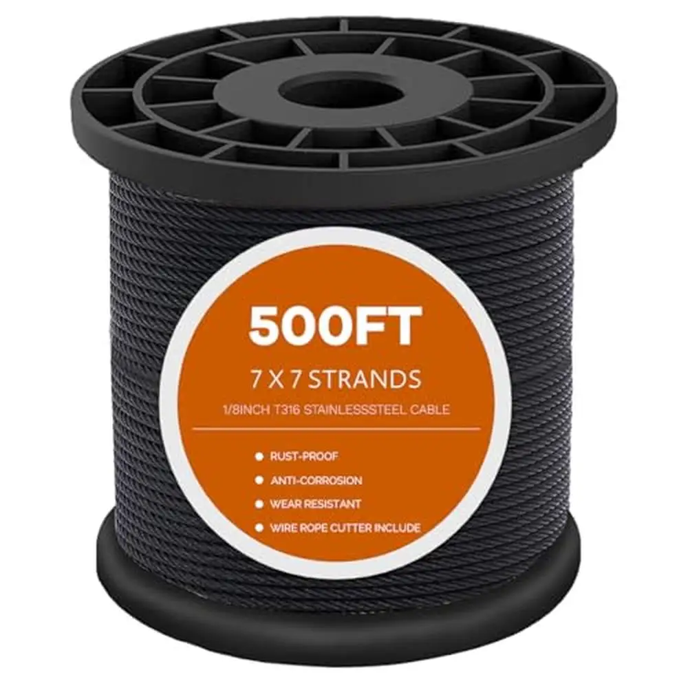 500FT T316 Black Stainless Steel Cable 1/8 inch Aircraft Deck Railing 7 x 7 Braided Construction Wire Premium Marine Grade 1800