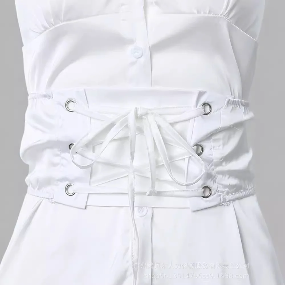 アメリカンヨーロッパの新しいファッション夏の女性の白無地ターンダウンカラー長袖膝上丈シャツドレス