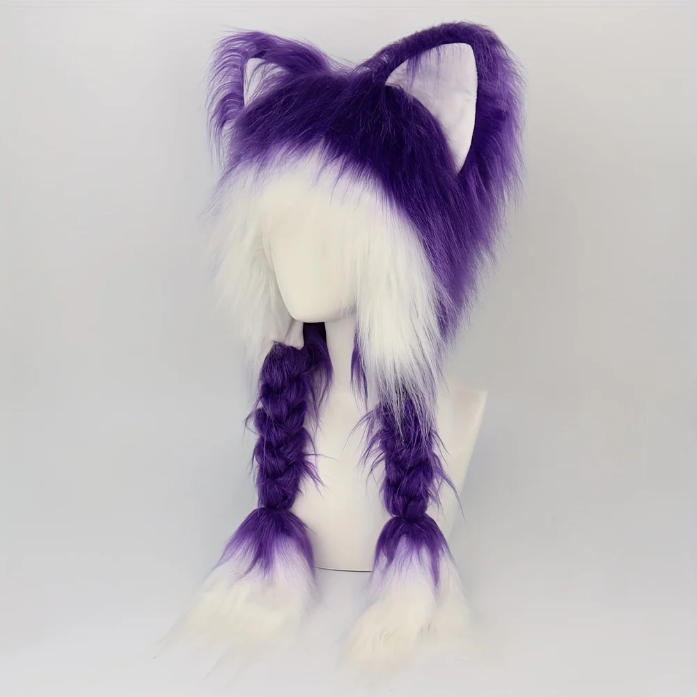 1 Piece Of Y2k Aesthetic Anime Inspired Cute Cat Plush With Braids, Warm Fluffy Ear Protection Hat Winter, Halloween Cosplay