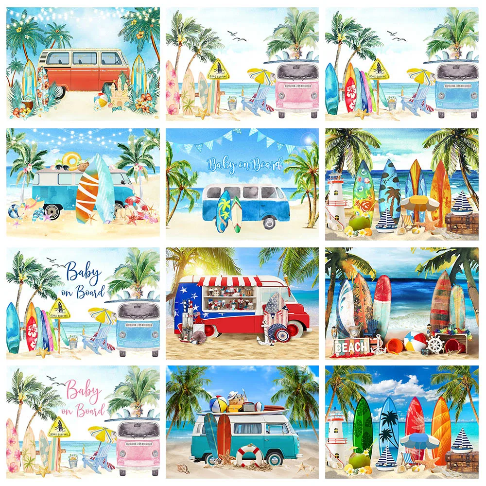 

Mocsicka Summer Beach Backdrop Surfboard Van Palm Tree Holiday Seaside Photography Background Baby Portrait Photocall Photobooth