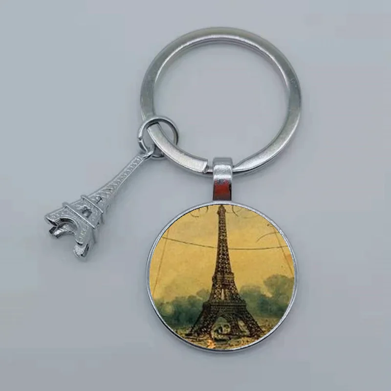 Romantic Paris Eiffel Tower Key Chains Art Lady Wander Drawing Design Glass Pendant Cute Keychain Keyring Women Bag Jewelry