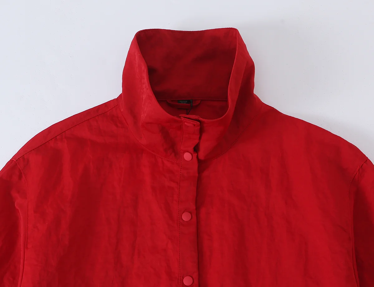 Damen-Jacke mit Knopfverschluss und Stehkragen, Leichte Lässige Rote Windjacke, Modische Streetwear, Locker Geschnitten, Frühling-Herbst-Oberbekleidung – Detail 4
