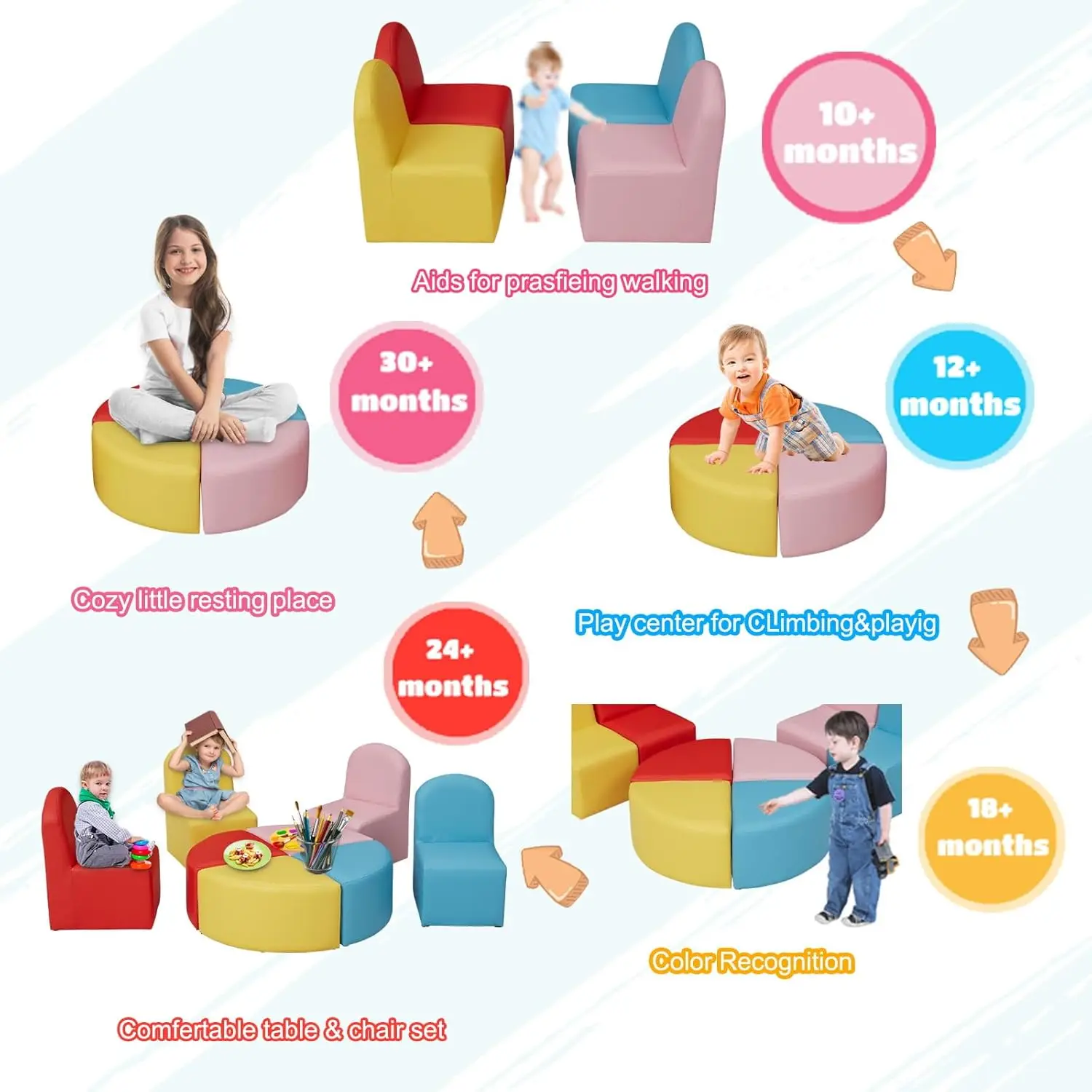 Kids Sofa Seating Set Convert to Table and 4 Chairs Colorful Stools for Toddlers Soft Foam Play 8 PCs Set for Classroom