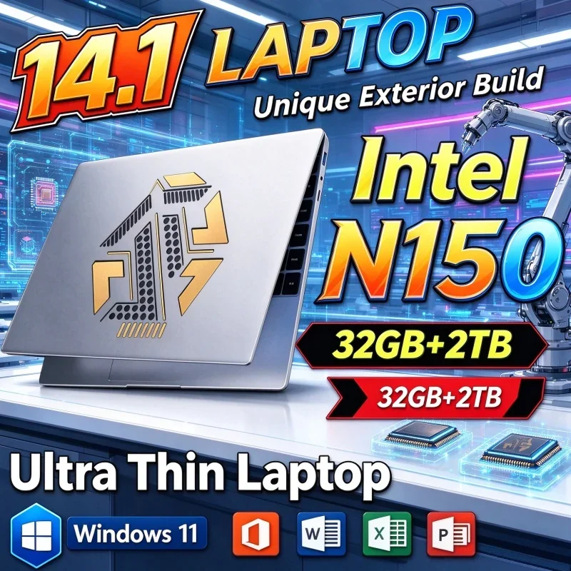 2026 Intel N150 Ultra Slim 14.1 Inch Laptop 32GB RAM 2TB SSD Gaming Notebook 1920x1080 Study High Performance
