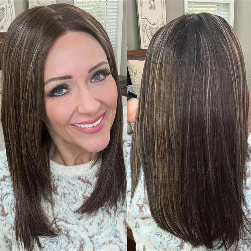 

Коричневый парик с блондинистыми прядями, прямой, для женщин, 18 дюймов, из синтетических волос, с кружевной передней частью, естественный вид, средний размер, для повседневной носки и вечеринок